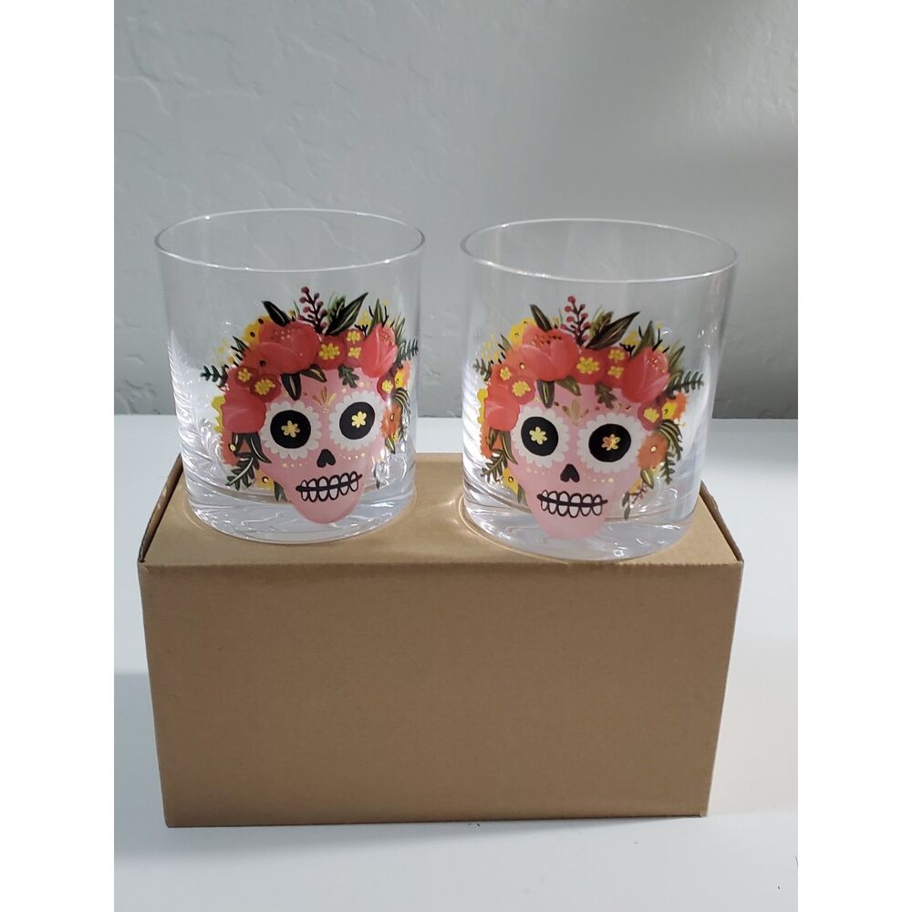 Paper Source Sugar Skull Glasses Set of 2 8 oz Glasses Tumblers  New